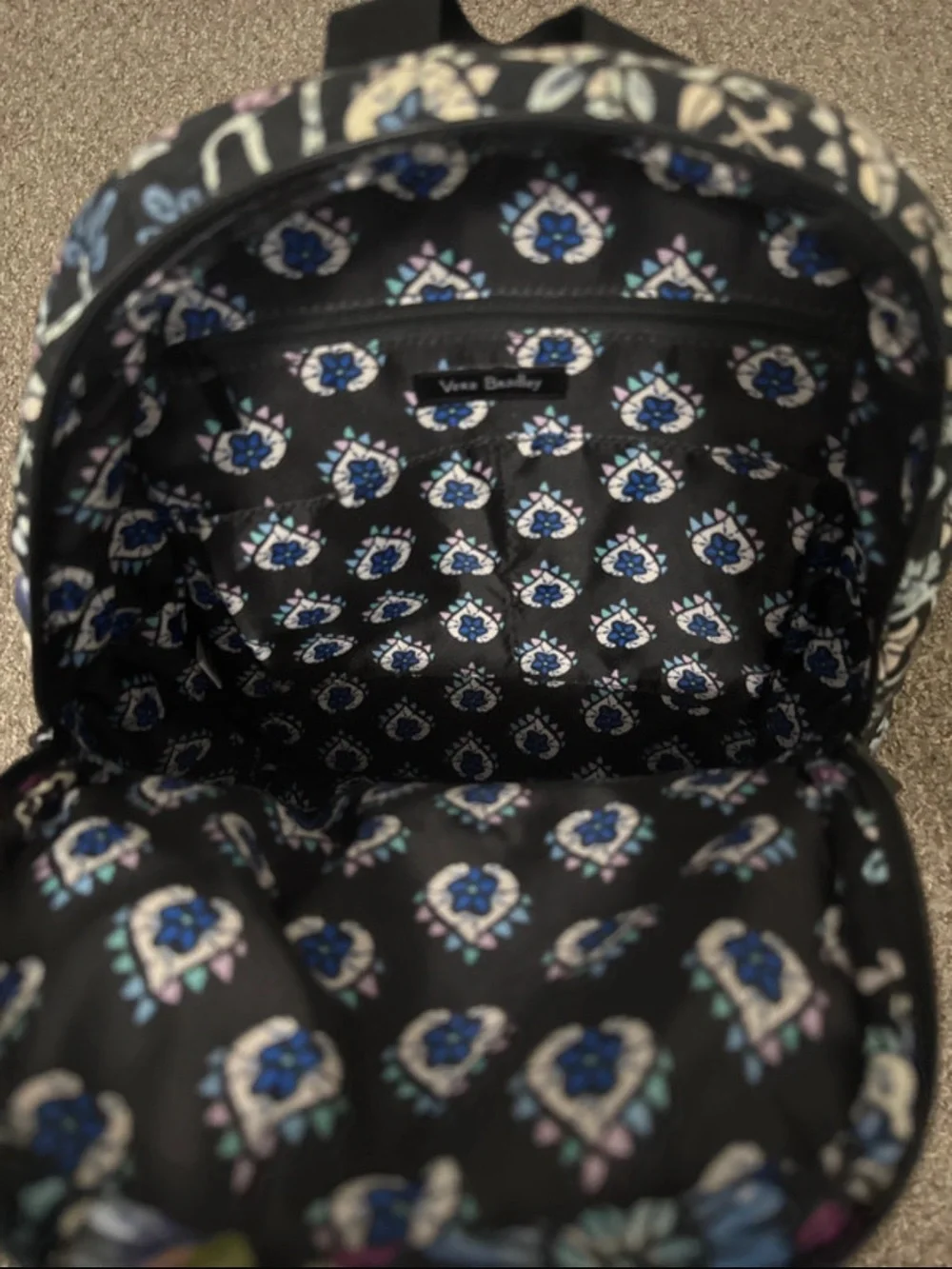 Vera Bradley Black Backpack with Blue, Purple & White Floral Print